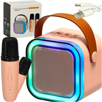 Zestaw do karaoke głośnik Bluetooth 2 mikrofony USB LED 6W różowy