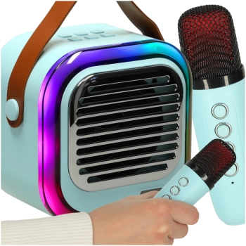 Zestaw do karaoke głośnik Bluetooth 2 mikrofony USB LED 10W niebieski