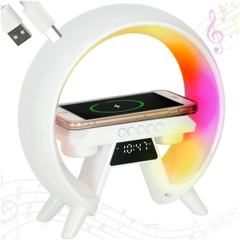 Lampka nocna LED Gamingowa RGB głośnik ładowarka indukcyjna radio budzik zegar