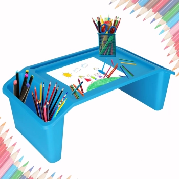 Stolik pod laptopa z organizerem podróżny samochodowy dla dzieci z kieszeniami śniadaniowy podstawka przenośny stabilny niebieski