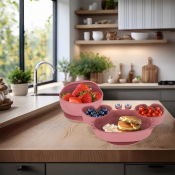 Naczynia silikonowe dla dzieci niemowląt krab zestaw 9 elementów ciemny róż