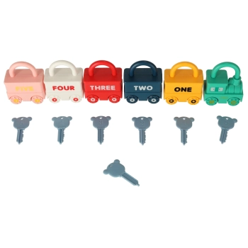 Zabawka edukacyjna łamigłówka samochodziki z wagonikami kłódkami wagoniki kłódki z kluczykami autka Montessori 13 el.