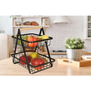 Kosz miska na owoce dwupoziomowy piętrowy metal drewno