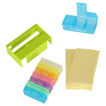 Organizer na leki pudełko kasetka na tabletki tygodniowy PL EN LT CS