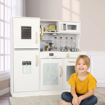 Kuchnia dla dzieci drewniana z lodówką listą zakupów światło LED + akcesoria garnki sztućce duża 80cm