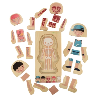 Puzzle drewniane warstwowe budowa ciała montessori chłopiec