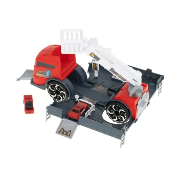 TIR laweta ciężarówka samochód transporter naczepa 2w1 parking resoraki straż pożarna 2 auta czerwone