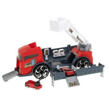 TIR laweta ciężarówka samochód transporter naczepa 2w1 parking resoraki straż pożarna 2 auta czerwone