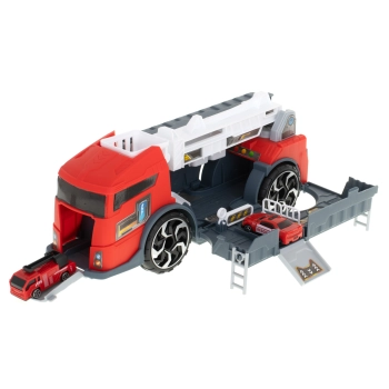 TIR laweta ciężarówka samochód transporter naczepa 2w1 parking resoraki straż pożarna 2 auta czerwone