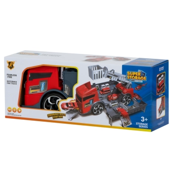 TIR laweta ciężarówka samochód transporter naczepa 2w1 parking resoraki straż pożarna 2 auta czerwone