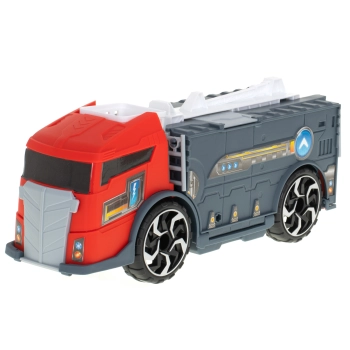 TIR laweta ciężarówka samochód transporter naczepa 2w1 parking resoraki straż pożarna 2 auta czerwone