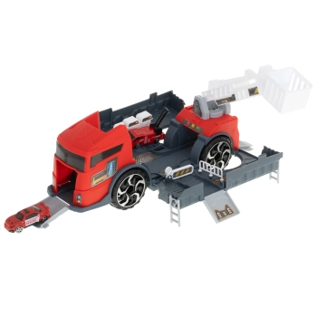 TIR laweta ciężarówka samochód transporter naczepa 2w1 parking resoraki straż pożarna 2 auta czerwone