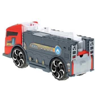 TIR laweta ciężarówka samochód transporter naczepa 2w1 parking resoraki straż pożarna 2 auta czerwone