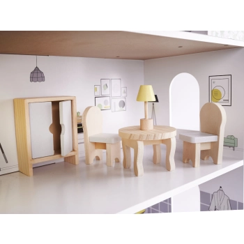 Domek dla lalek drewniany mebelki 70cm szary