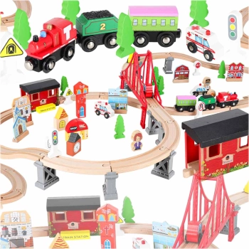 Kolejka drewniana pociąg tor samochodowy 70 elementów