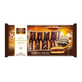 Feiny Biscuits Jaffa Sandwich Markizy Biszkoptowe z Kremem Czekoladowym i Wiśniowym Nadzieniem 380 g