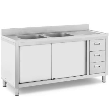  Zlew basen gastronomiczny dwukomorowy z szafką z drzwiami przesuwnymi szufladami stalowy 160 x 60 x 95 cm - zdj. dodatkowe 1