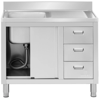  Zlew basen gastronomiczny jednokomorowy z szafką z drzwiami przesuwnymi szufladami stalowy 100 x 60 x 94.5 cm - zdj. dodatkowe 6