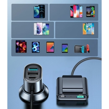  Ładowarka samochodowa 5 urządzeń 2xPD + 2xQC3.0 72W 1.5m czarna - zdj. dodatkowe 9