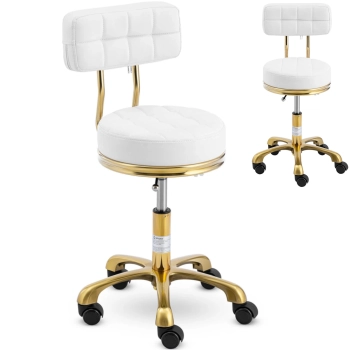 Krzesło taboret hoker kosmetyczny z oparciem na kółkach do 150 kg GELA biało złoty