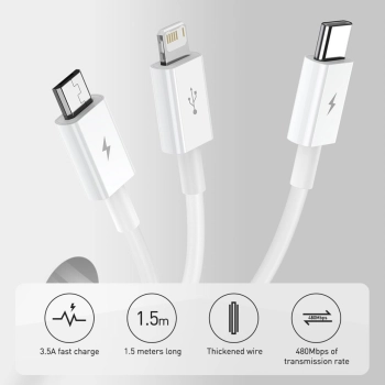  3w1 kabel przewód uniwersalny USB - Lightning / USB-C / micro USB 3.5A 1.5m niebieski - zdj. dodatkowe 10