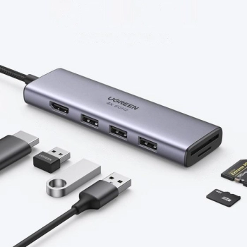  6w1 wielofunkcyjny HUB USB-C - 3x USB HDMI 4K czytnik kart SD i TF szary - zdj. dodatkowe 2