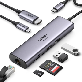  7w1 wielofunkcyjny HUB USB-C - 2x USB HDMI 4K czytnik kart SD i TF USB-C RJ45 1Gbps szary - zdj. dodatkowe 1