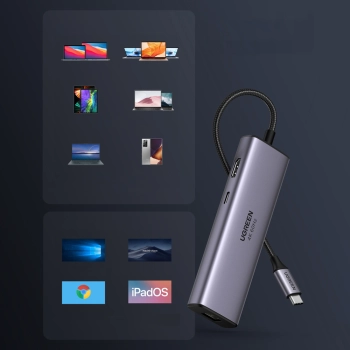  7w1 wielofunkcyjny HUB USB-C - 2x USB HDMI 4K czytnik kart SD i TF USB-C RJ45 1Gbps szary - zdj. dodatkowe 7