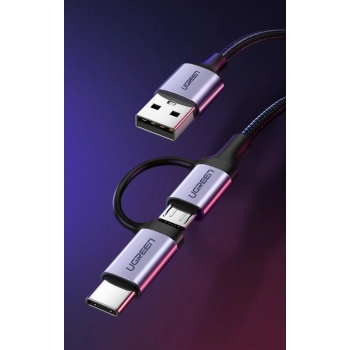  2w1 Kabel przewód w mocnym oplocie USB - microUSB + USB-C 1m 2.4A czarny - zdj. dodatkowe 1