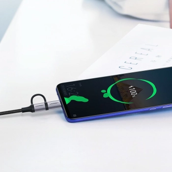  2w1 Kabel przewód w mocnym oplocie USB - microUSB + USB-C 1m 2.4A czarny - zdj. dodatkowe 3