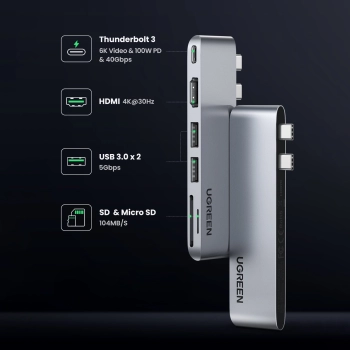  Rozdzielacz portów HUB MacBook Air Pro 2x USB-C HDMI 2x USB 3.0 SD TF PD szary - zdj. dodatkowe 5
