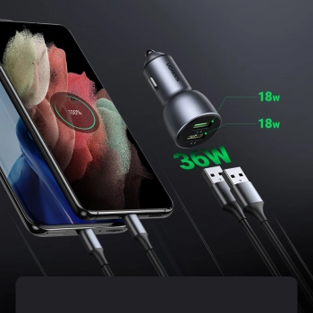  Szybka ładowarka samochodowa 2x USB 36W Quick Charge SCP FCP AFC szary - zdj. dodatkowe 1