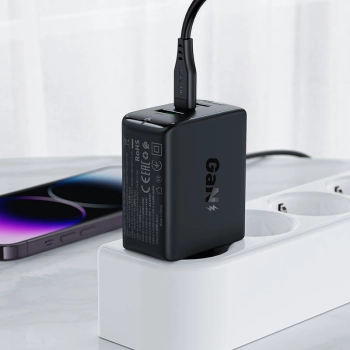  Szybka ładowarka sieciowa GaN 2x USB-C USB-A PPS PD QC4+ 65W czarna - zdj. dodatkowe 1