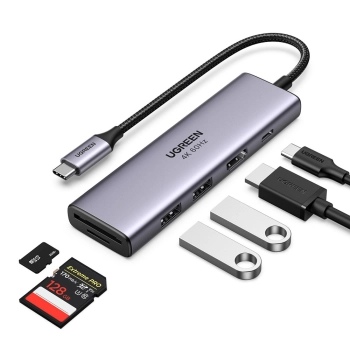  6w1 wielofunkcyjny HUB USB-C - 2x USB HDMI 4K czytnik kart SD i TF USB-C PD 100W szary - zdj. dodatkowe 2