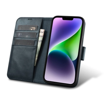 2w1 etui skórzany pokrowiec z klapką iPhone 14 Anti-RFID Oil Wax Wallet Case niebieski