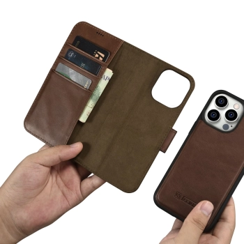  2w1 etui skórzany pokrowiec z klapką iPhone 14 Pro Anti-RFID Oil Wax Wallet Case ciemno-brązowy - zdj. dodatkowe 10