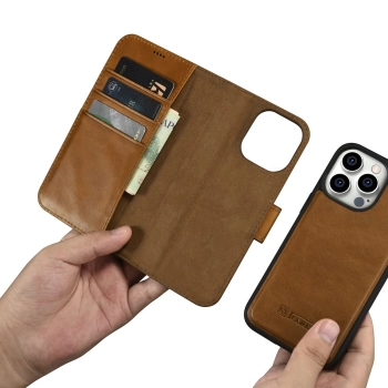  2w1 etui skórzany pokrowiec z klapką iPhone 14 Pro Anti-RFID Oil Wax Wallet Case jasno-brązowy - zdj. dodatkowe 10