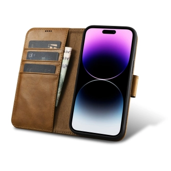  2w1 etui skórzany pokrowiec z klapką iPhone 14 Pro Anti-RFID Oil Wax Wallet Case jasno-brązowy - zdj. dodatkowe 1