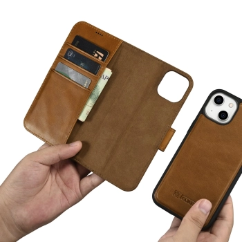  2w1 etui skórzany pokrowiec z klapką iPhone 14 Plus Anti-RFID Oil Wax Wallet Case jasno-brązowy - zdj. dodatkowe 10