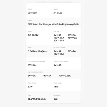  4w1 Szybka ładowarka samochodowa USB-C PD 2x USB QC3 z kablem Lightning 1.6m 57W czarny - zdj. dodatkowe 9