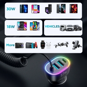  4w1 Szybka ładowarka samochodowa USB-C PD 2x USB QC3 z kablem Lightning 1.6m 57W czarny - zdj. dodatkowe 6