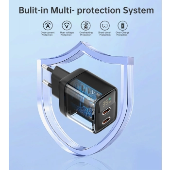  Mała mocna ładowarka sieciowa GaN 2x USB-C PD 35W z wyświetlaczem czarna - zdj. dodatkowe 7