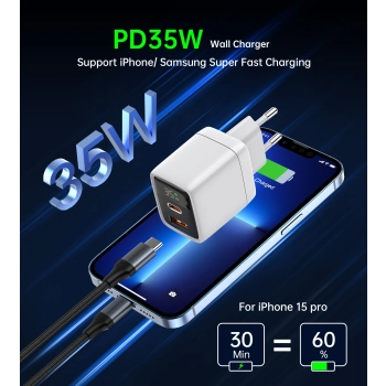  Mała mocna ładowarka sieciowa GaN USB-A USB-C PD 35W z wyświetlaczem biała - zdj. dodatkowe 4