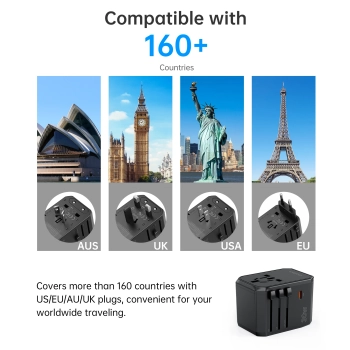  Uniwersalna ładowarka podróżna USB-C 2x USB-A PD 30W wtyczki USA EU UK AU czarna - zdj. dodatkowe 10