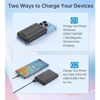 Powerbank 10000mAh bezprzewodowy MagSafe USB-A USB-C funkcja podstawki czarny - zdj. dodatkowe 4