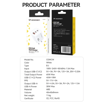  Ładowarka sieciowa GaN 65W 100-240V USB-A 2x USB-C biała - zdj. dodatkowe 3