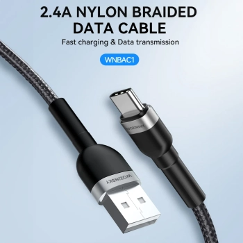  Kabel przewód w oplocie USB-A - USB-C 2.4A 1m czarny - zdj. dodatkowe 5