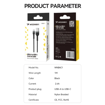  Kabel przewód w oplocie USB-A - USB-C 2.4A 2m czarny - zdj. dodatkowe 4