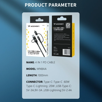  4w1 Uniwersalny kabel przewód 2x USB-C 1x USB-A 1x Lightning 60W 1m czarny - zdj. dodatkowe 3