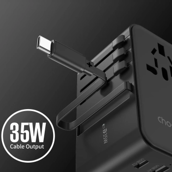  Adapter ładowarka podróżna 35W EU / US / AUS / UK z wbudowanym kablem USB-C - czarny - zdj. dodatkowe 6